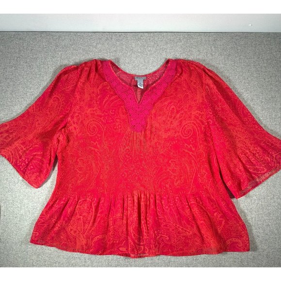 Maggie Barnes Catherines 3X Womens Top Blouse Pink Orange Lightweight Crinkle - Picture 1 of 14